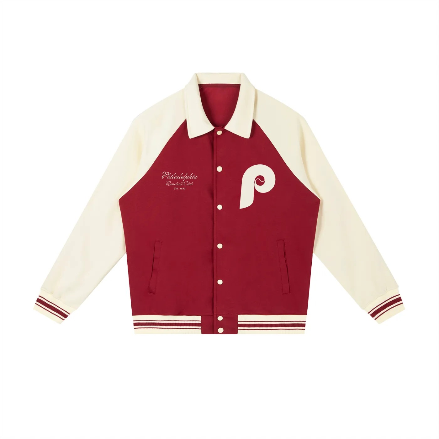 Vintage burgundy and cream Phillies baseball varsity jacket with classic P logo